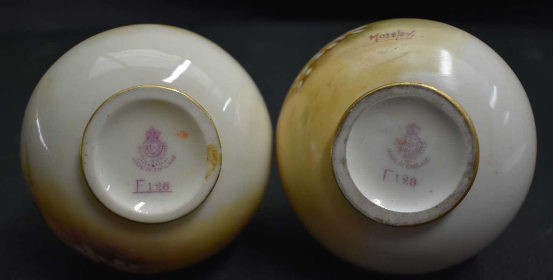 A PAIR OF ROYAL WORCESTER FRUIT PAINTED PORCELAIN VASES by Moseley & Townsend. 13 cm x 8 cm. - Image 6 of 6