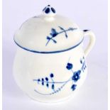 Chantilly custard cup and cover painted in underglaze blue with flowers, hunting horn mark in