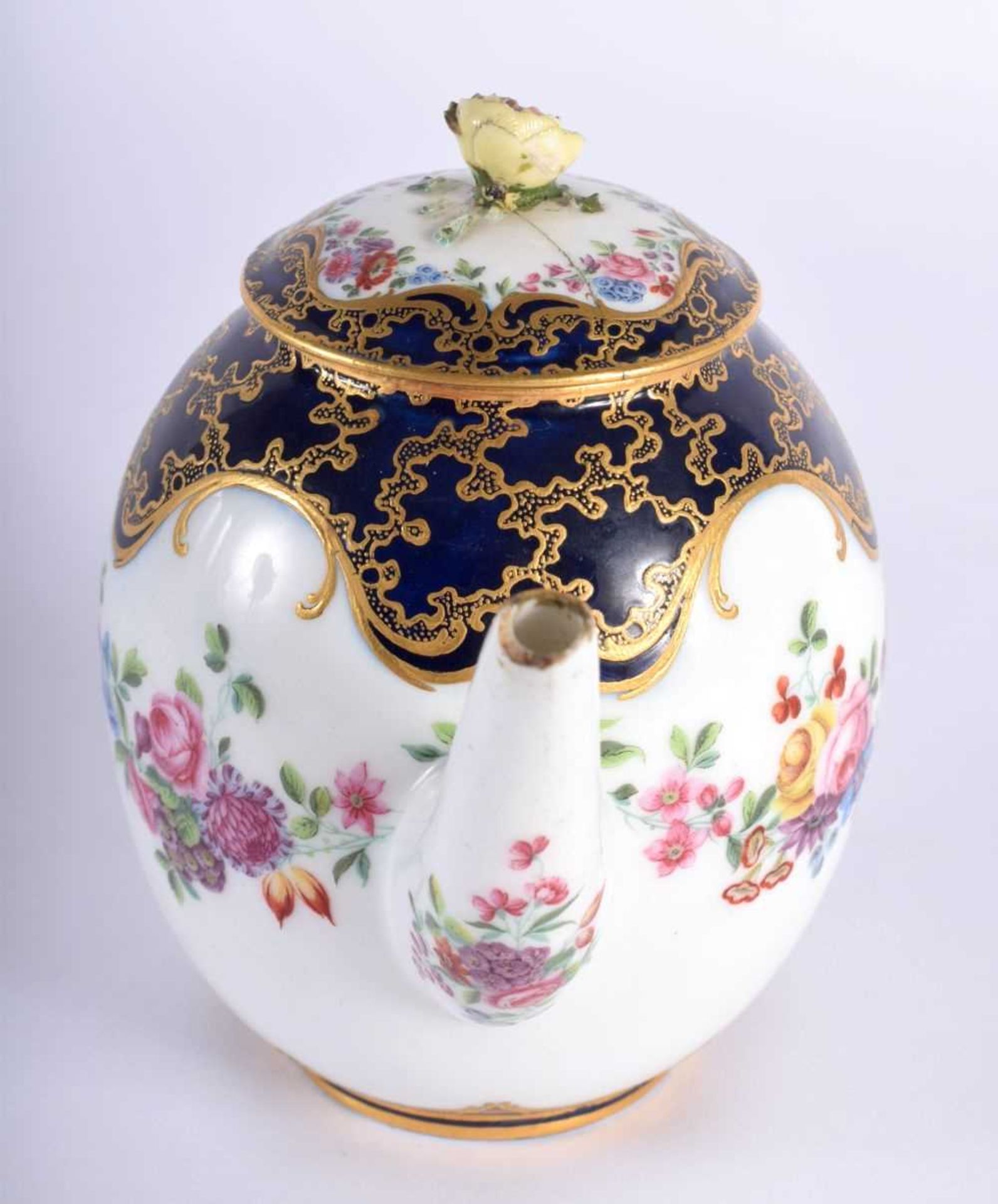 Sevres teapot and cover painted with flower swag under a blue and cracked ice gilt ground, no - Image 2 of 6