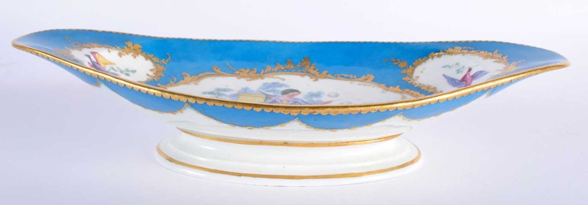 Sevres oval pedestal dish with three gilt panel two with a bird and the centre panel painted with - Image 2 of 9