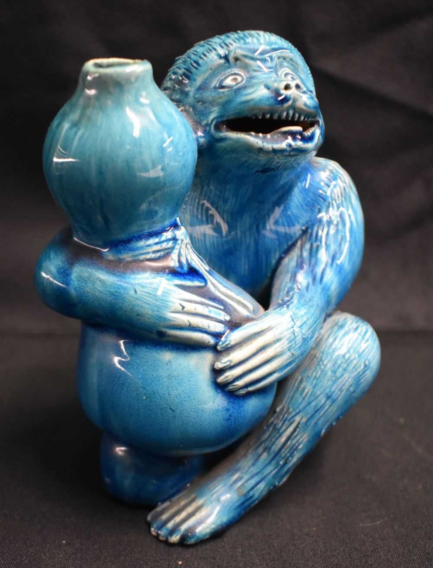 AN UNUSUAL 19TH CENTURY CHINESE BLUE GLAZED PORCELAIN MONKEY GOURD VASE or possibly Burmantofts. - Image 2 of 6