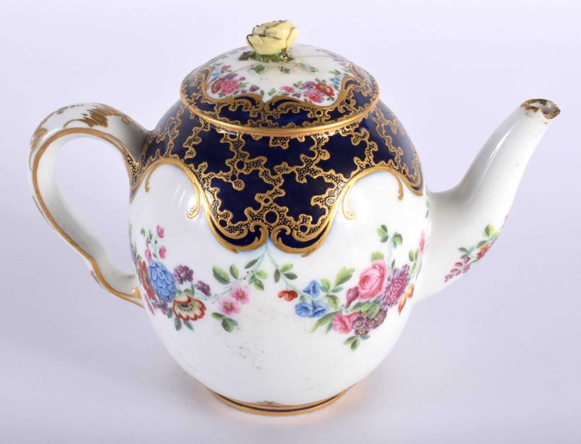 Sevres teapot and cover painted with flower swag under a blue and cracked ice gilt ground, no - Image 3 of 6