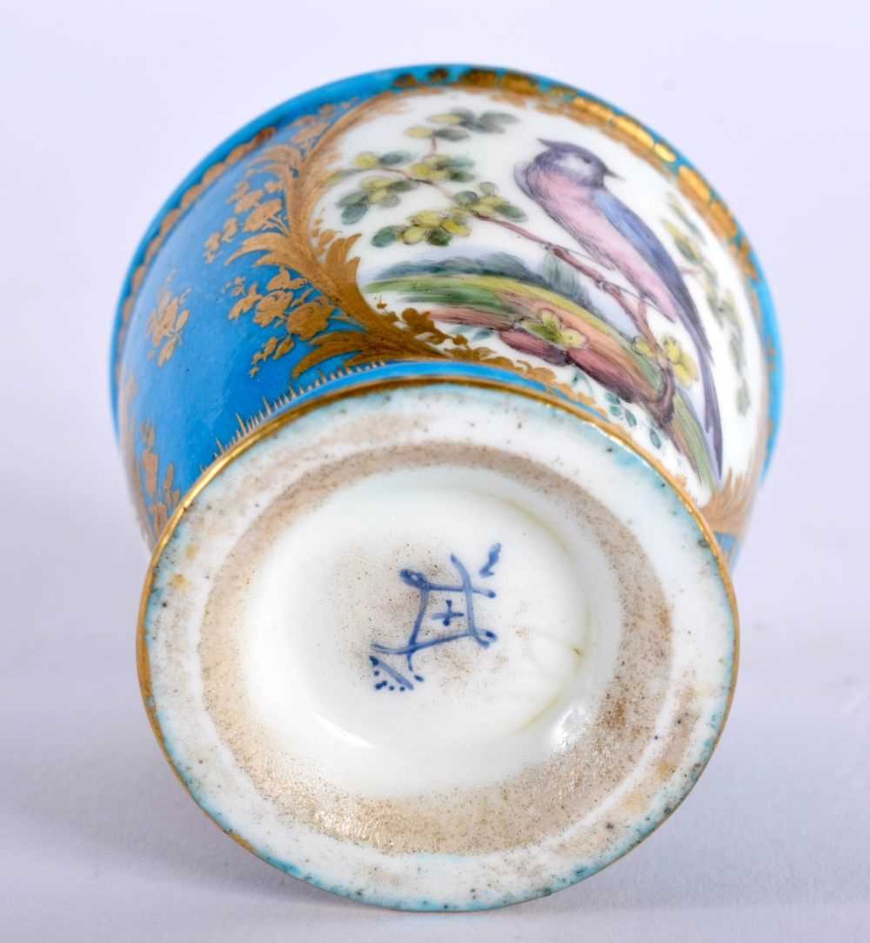 Sevres rare egg cup painted with roses in one panel and a bird in the other, both surrounded by a - Image 4 of 4