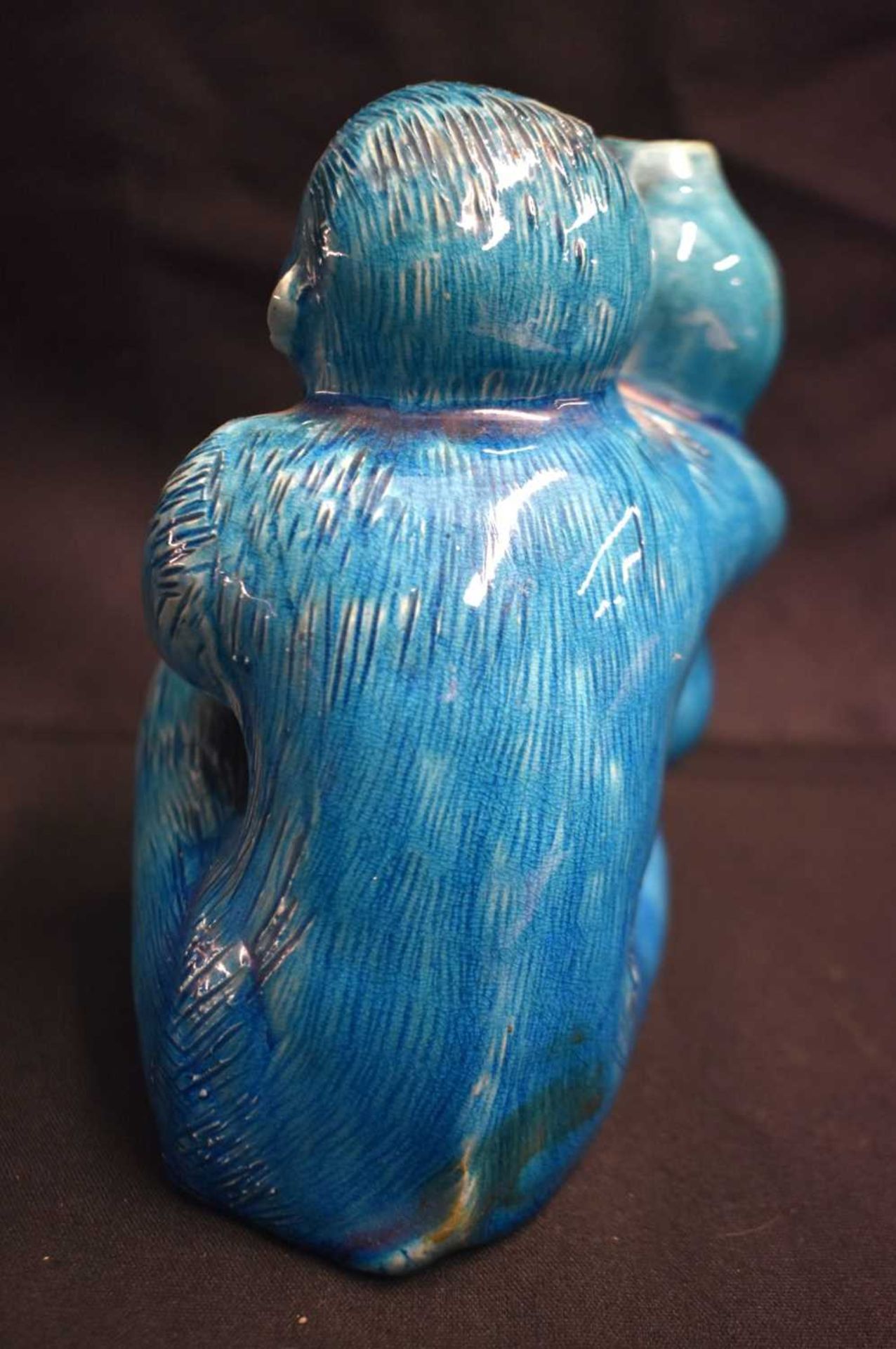 AN UNUSUAL 19TH CENTURY CHINESE BLUE GLAZED PORCELAIN MONKEY GOURD VASE or possibly Burmantofts. - Image 4 of 6