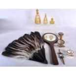 A Selection of Ladies Vanity items including a Hand Mirror, H Feather Fan, A Clothes Brush, 2