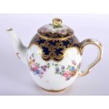 Sevres teapot and cover painted with flower swag under a blue and cracked ice gilt ground, no