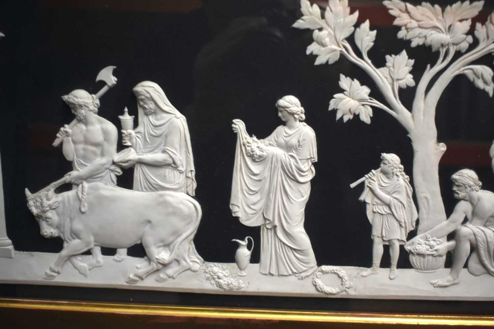 A RARE AND LARGE 19TH CENTURY WEDGWOOD BLACK BASALT PLAQUE depicting classical scenes of figures - Image 3 of 6