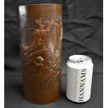 AN UNUSUAL 19TH CENTURY JAPANESE MEIJI PERIOD BRONZE SILVER ONLAID NAGOYA VASE of cylindrical