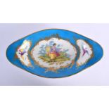 Sevres oval pedestal dish with three gilt panel two with a bird and the centre panel painted with