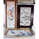 TWO CHINESE REPUBLICAN PERIOD PORCELAIN PANELS together with another. Largest 80 cm x 30 cm. (3)