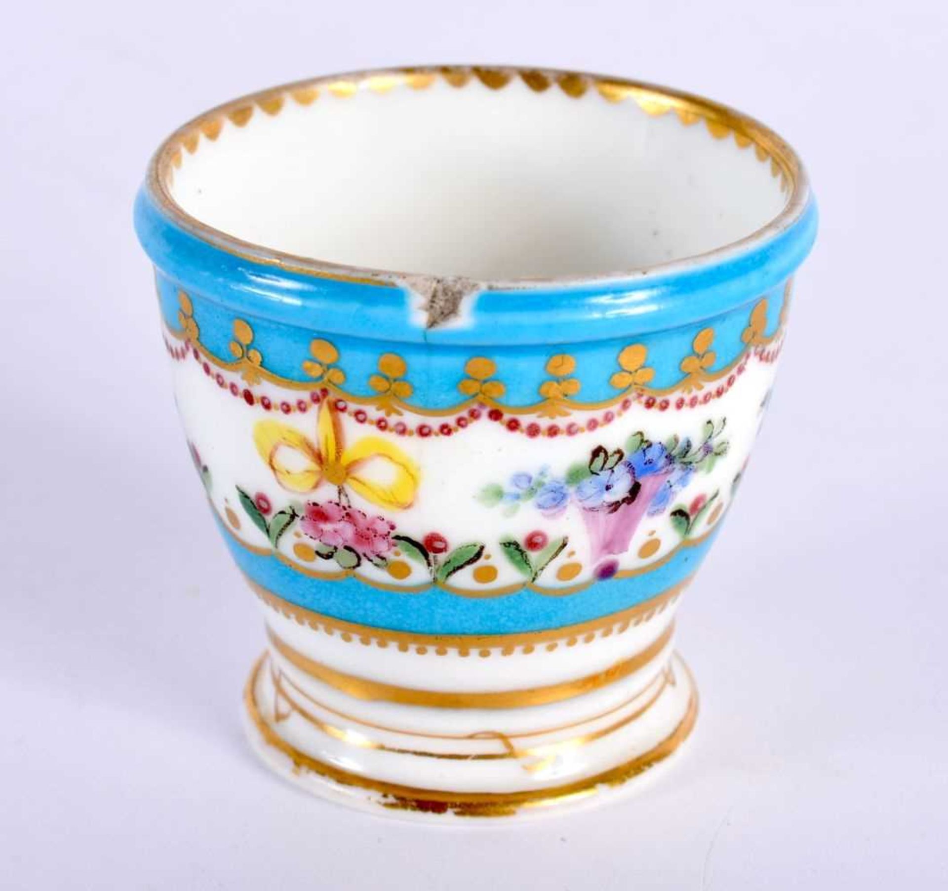 Sevres rare egg cup with turquoise ground the white panel painted with flowers and ribbons, blue L’s - Image 2 of 5