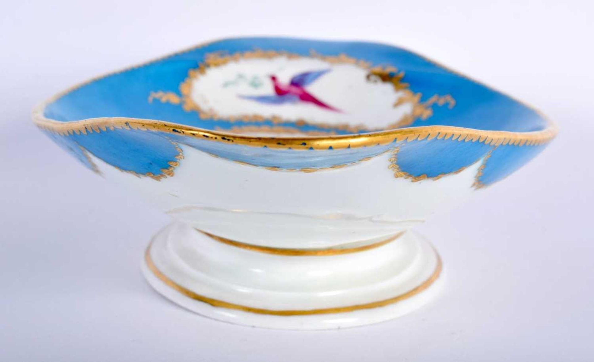 Sevres oval pedestal dish with three gilt panel two with a bird and the centre panel painted with - Image 4 of 9