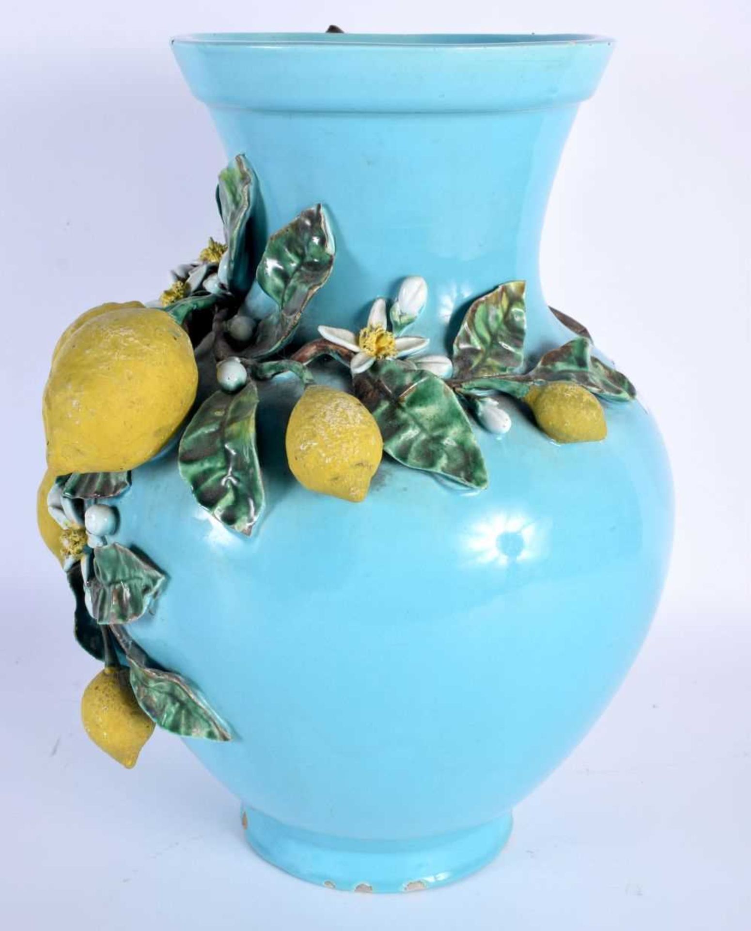 A LARGE EARLY 20TH CENTURY ITALIAN BLUE GLAZED POTTERY MAJOLICA VASE overlaid with fruiting vines. - Image 2 of 6