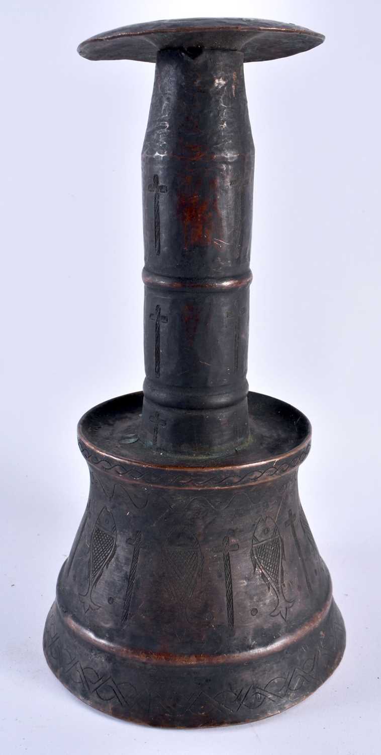 A LARGE AND UNUSUAL 19TH CENTURY COPPER ALLOY CANDLESTICK engraved with fish and crucifix motifs. 33 - Image 5 of 7