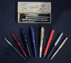 A vintage boxed Empire pen/pencil set together with other fountain pens , Parker ,Swan, Shaffer