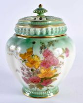 Royal Worcester pot pourri and cover painted with flowers on a green ground, date mark 1902, shape