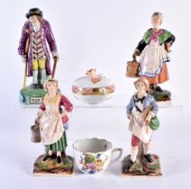AN UNUSUAL ANTIQUE PEARLWARE FIGURE OF OLD AGE together with three continental porcelain figures & a
