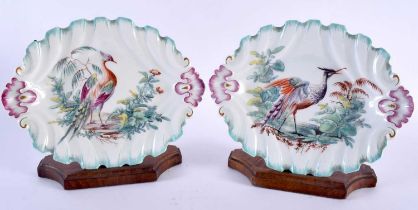 A PAIR OF 18TH CENTURY CHELSEA SILVER SHAPED OVAL DISHES C1760 painted with brightly coloured