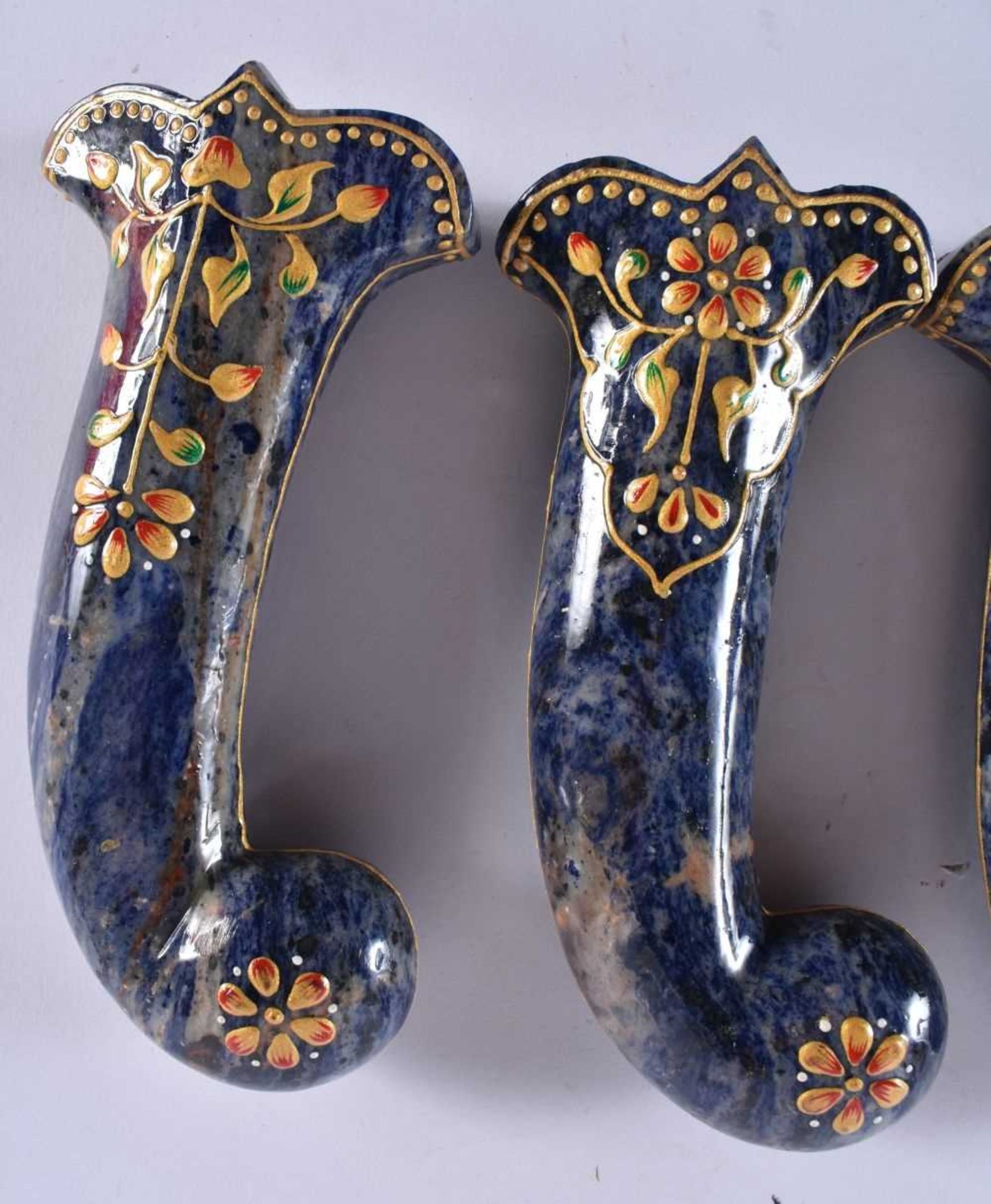 A SET OF FIVE MIDDLE EASTERN QAJAR LACQUER HARDSTONE DAGGER HANDLES overlaid with foliage and vines. - Image 4 of 6