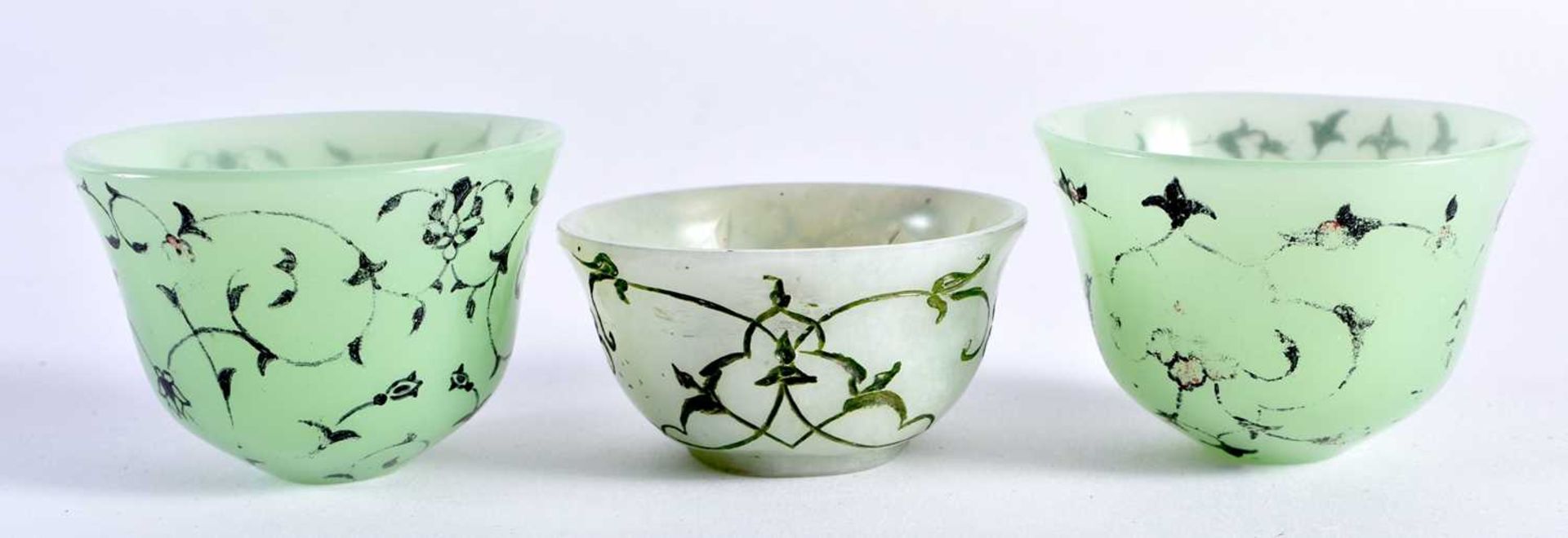 A MIDDLE EASTERN ISLAMIC JADE TEABOWL together with two other bowls. Largest 6 cm diameter. (3) - Image 2 of 6