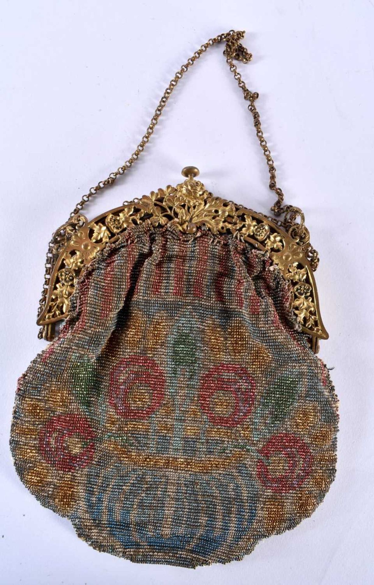A Beadwork Bag with Gilt Mounts. 19cm x 15cm, weight 285g