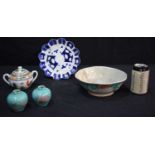 A collection of Chinese porcelain items together with a Japanese blue and white plate 8 x 20 cm (5)