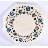 AN INDIAN AGRA MARBLE LAPIS LAZULI AND MALACHITE INLAID TABLE STAND decorated with foliage. 34 cm