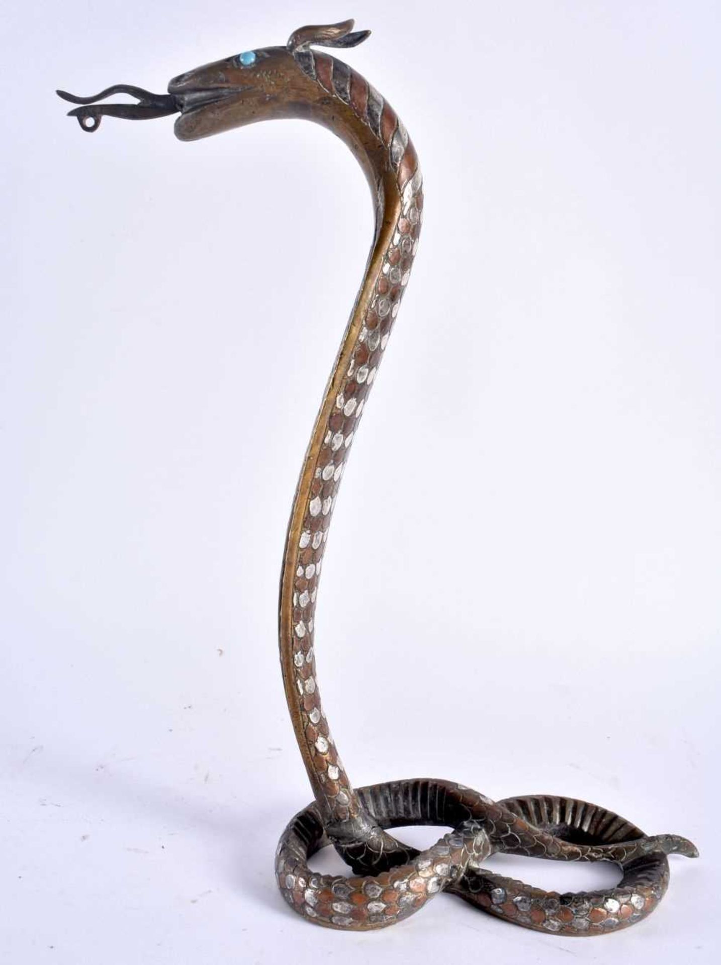A RARE 19TH CENTURY INDIAN MIDDLE EASTERN SILVER OVERLAID BRONZE COBRA inset with turquoise, - Image 3 of 5