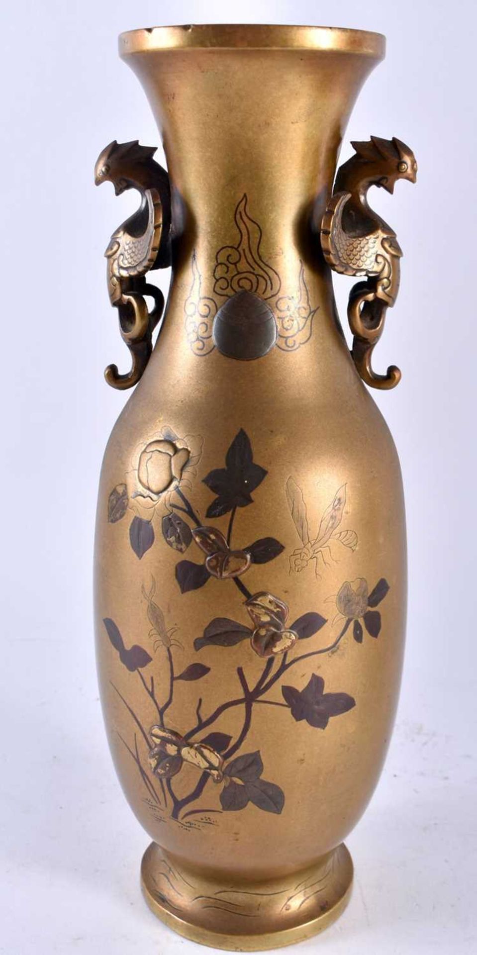 A 19TH CENTURY JAPANESE MEIJI PERIOD MIXED METAL BRONZE VASE decorated with insects and foliage. - Image 5 of 8