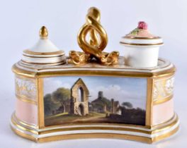 Early 19th century Barr Flight and Barr Inkstand with cover and well painted with Saint Dennis’s