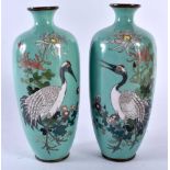 A PAIR OF 19TH CENTURY JAPANESE MEIJI PERIOD CLOISONNE ENAMEL VASES depicting birds in landscapes.