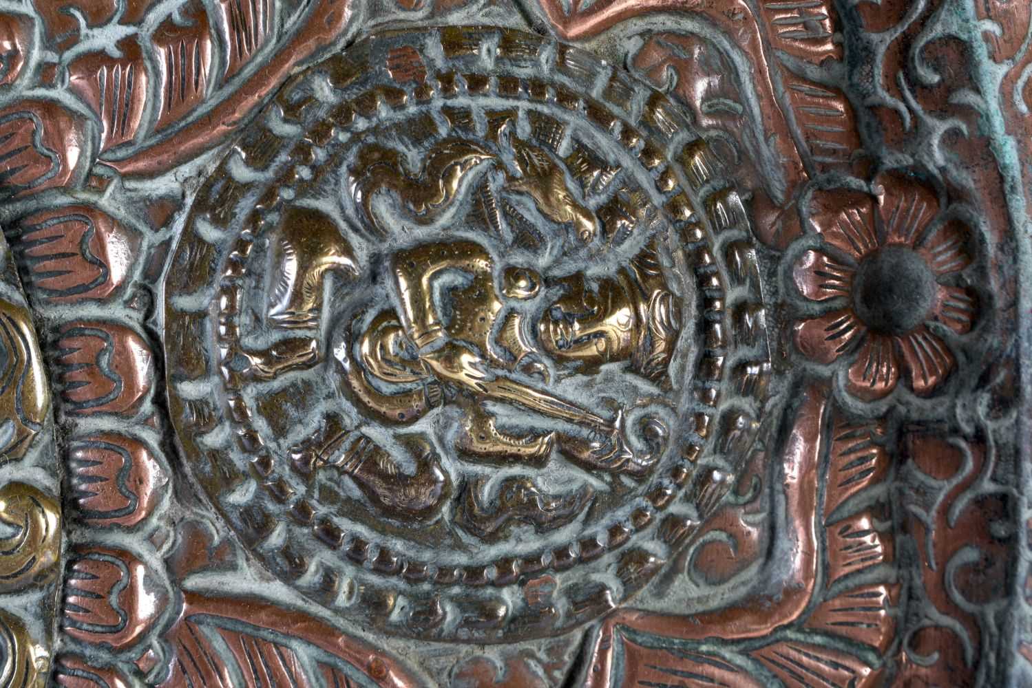 A VERY LARGE 19TH CENTURY INDIAN TIBETAN COPPER AND MIXED METAL CHARGER of monumental proportions, - Image 5 of 6