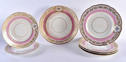 ASSORTED WORCESTER PINK AND GILT GROUND PLATES bearing unusual chemical porcelain mark to base.