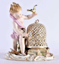 A 19TH CENTURY GERMAN MEISSEN PORCELAIN FIGURE OF A BIRD CATCHER. 13 cm x 10 cm.