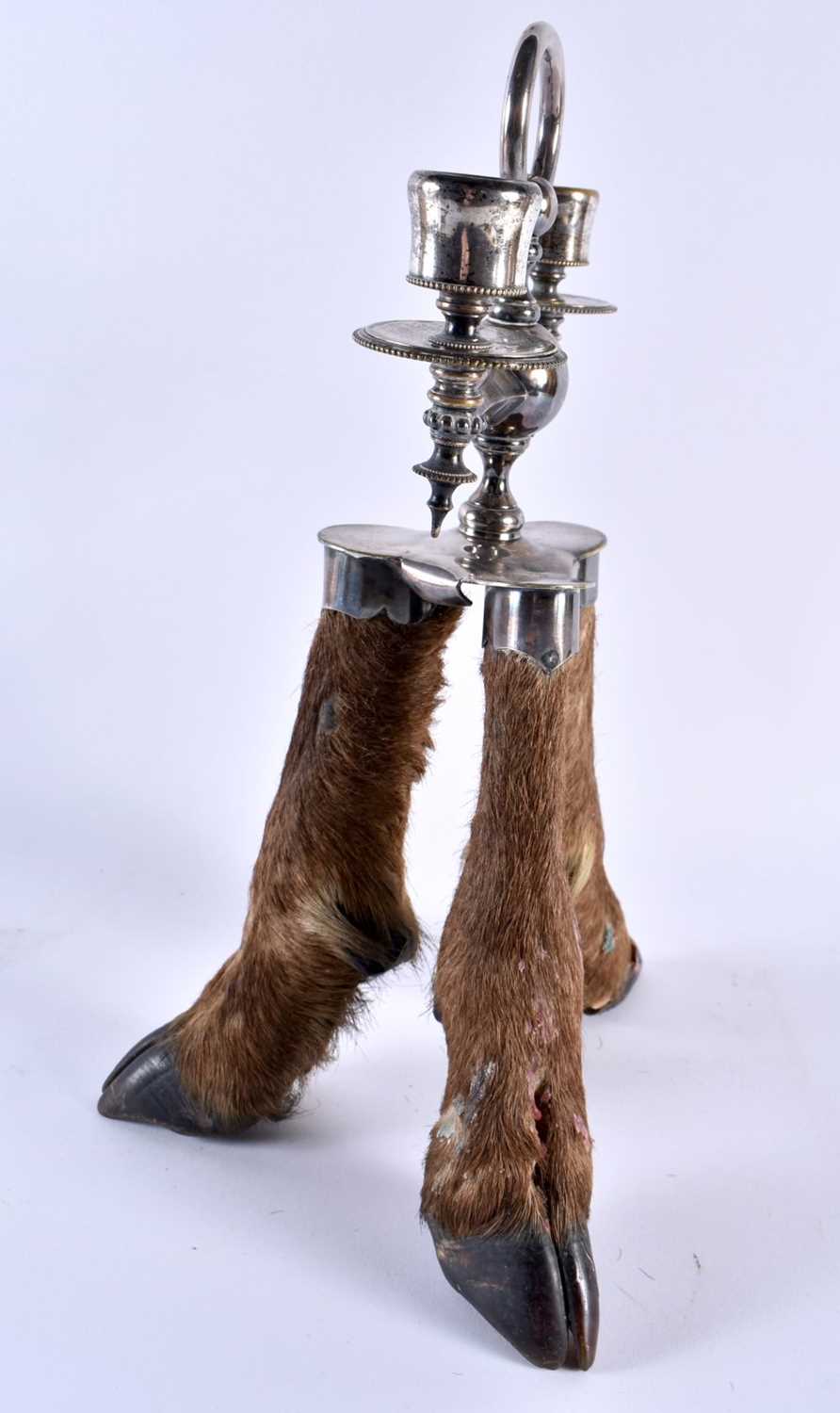 A RARE VICTORIAN TAXIDERMY ROWLAND WARD CANDLESTICK formed with three deer hooves. 32 cm x 16 cm. - Image 5 of 6