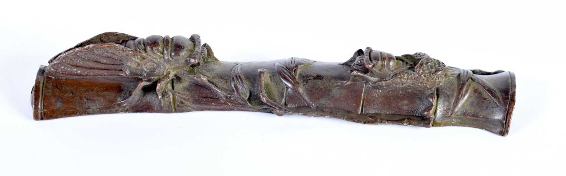 Japanese Bronze modelled as Flies on Bamboo. 16.5cm x 3.1cm x 2.3cm, Weight 159.2g