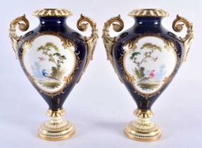 19th century Coalport vases, twin-handled, painted with panels of birds by A.Perry, one signed, with