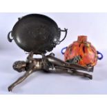 AN ART NOUVEAU TWIN HANDLED PEWTER DISH together with a figural lamp. Largest 28 cm high. (2)