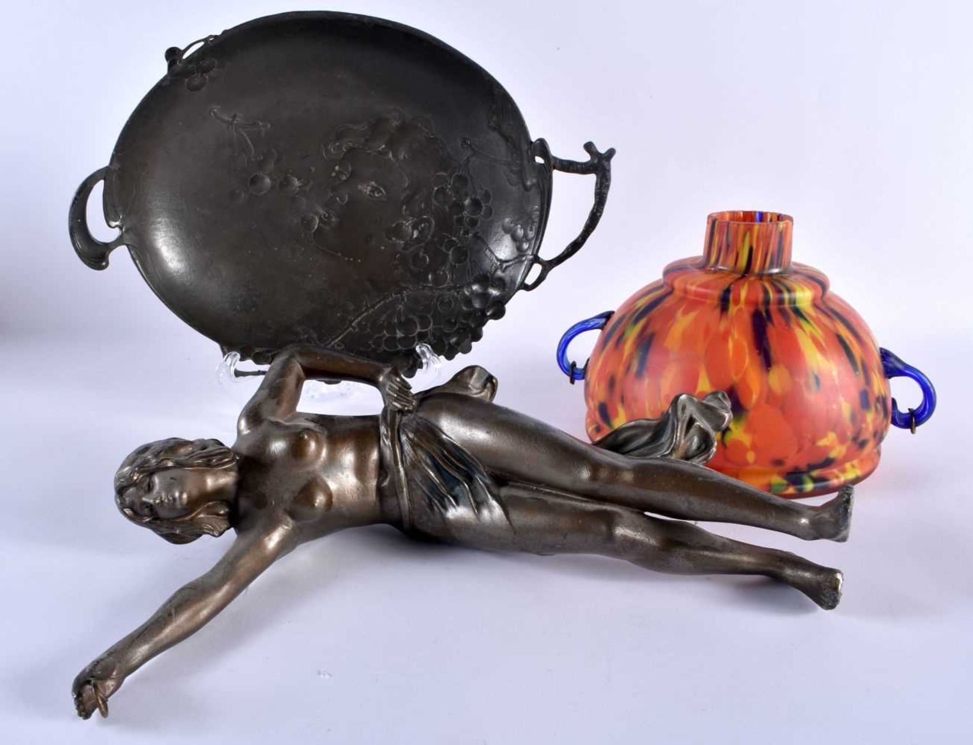 AN ART NOUVEAU TWIN HANDLED PEWTER DISH together with a figural lamp. Largest 28 cm high. (2)