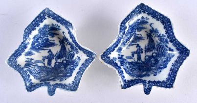18th century Caughley pair of leaf shaped dishes printed with the Fisherman and cormorant pattern (