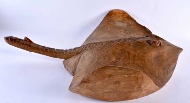 A LARGE AND UNUSUAL EARLY 20TH CENTURY CARVED ELM FIGURE OF A RAY of naturalistic form. 60 cm x 40