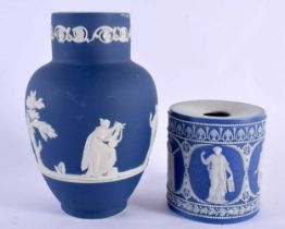 AN EARLY 19TH CENTURY ENGLISH BLUE JASPERWARE CYLINDRICAL VESSEL together with a Tunstall jasperware