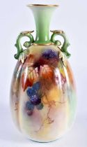 Royal Worcester vase in Hadley shape and style painted with autumnal leaves and berries by Kitty