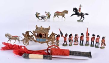 ASSORTED VINTAGE PAINTED TOYS together with a silver mounted Asian knife. Largest 29 cm long. (qty)