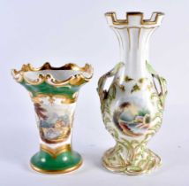 19th century English porcelain vases each painted with landscapes both probably Rockingham. 25cm