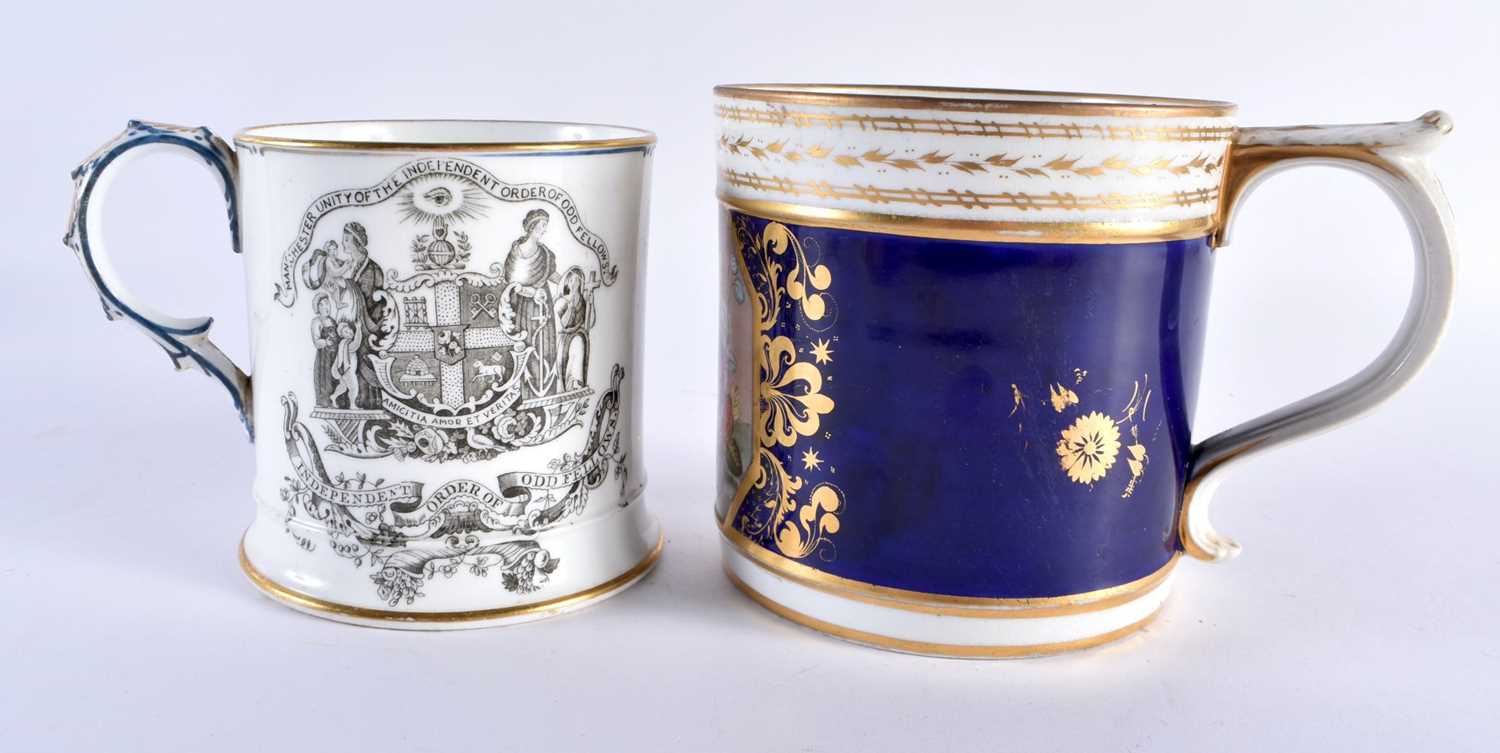 Early 19th century Derby porter mug lavishly painted with flowers on a marble table and a mug made