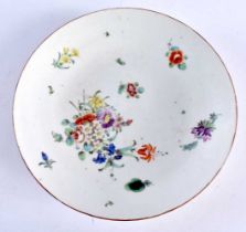 18th century Bristol saucer dish with brown line rim painted with flowers, crossed swords, ‘X’ & ‘3’