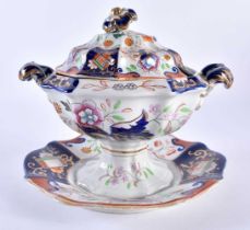 19th century English Ironstone tureen, cover and fixed stand painted in imari style colours