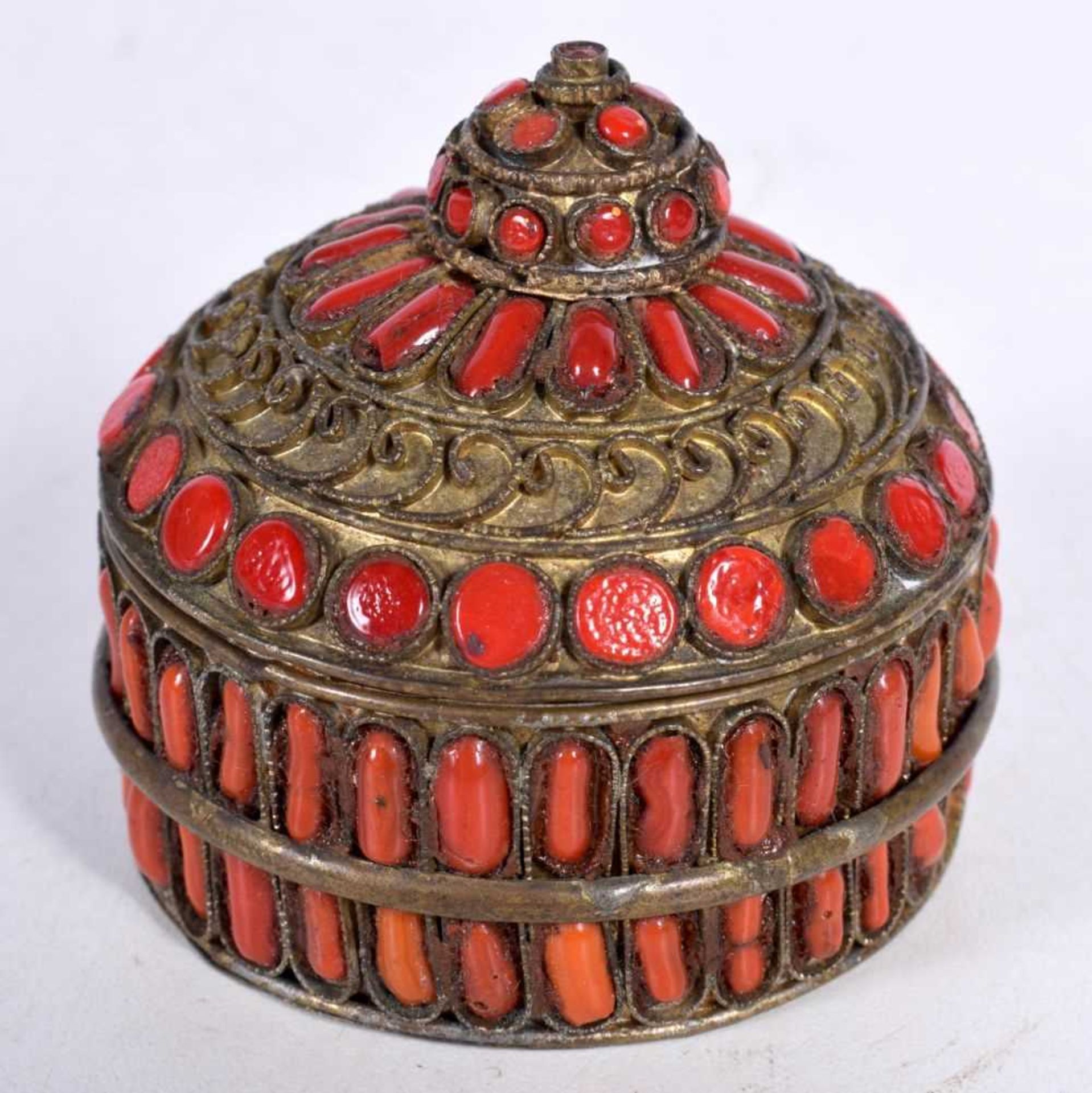 An Islamic Style Brass Box and Cover with Coral Bead Decoration. 5.3cm x 6cm, weight 57.5g