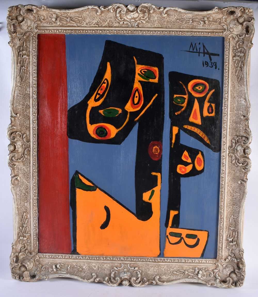 Mia (20th Century) Oil on board, Abstract figures. 75 cm x 65 cm.